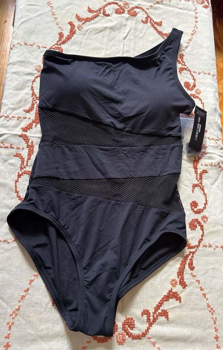 Carmen Marc Valvo One-Shoulder Mesh Cutout One-Piece Swimsuit Black Size 6